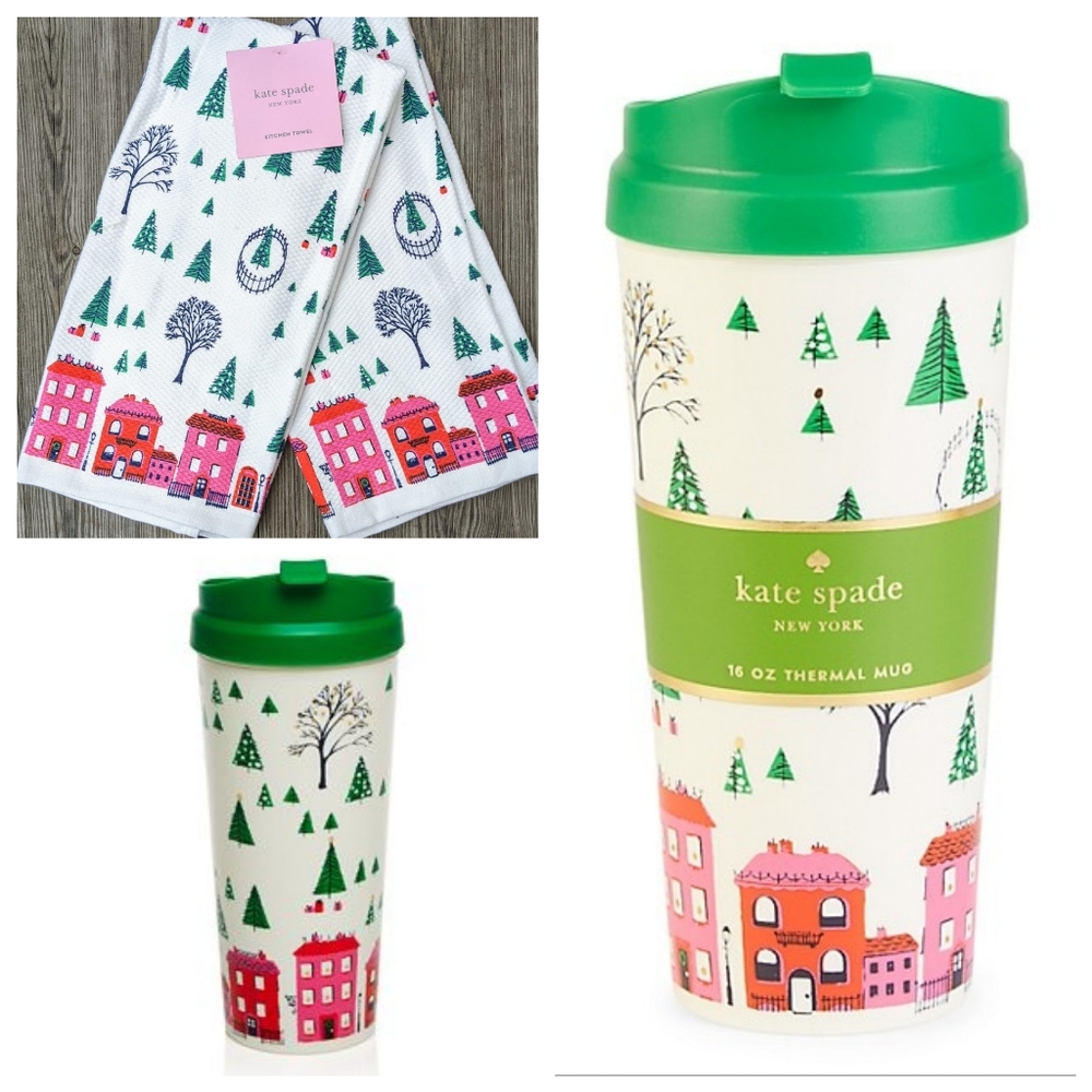 KATE SPADE Holiday Village Travel Mug & Towels Set